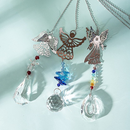 Glass Teardrop Pendant Decorations, with Metal Angel Link, Hanging Suncatchers Garden Decorations