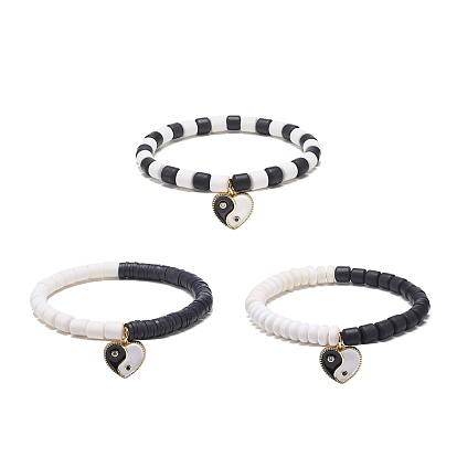 3Pcs 3 Style Handmade Polymer Clay Beaded Stretch Bracelets Set, Clear Cubic Zirconia Heart Yin Yang Charms Stackable Bracelets for Women