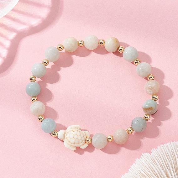 Эластичные браслеты из натурального цветочного амазонита и синтетической бирюзы, черепаха
