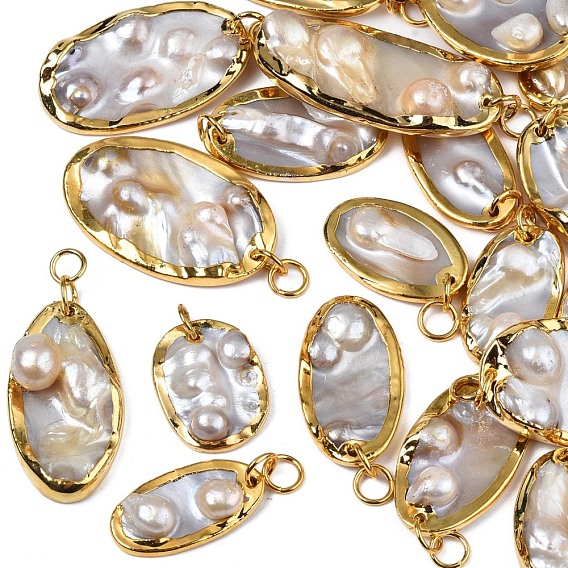 Natural White Shell Pendants, with Light Gold Plated Brass Edge, Oval