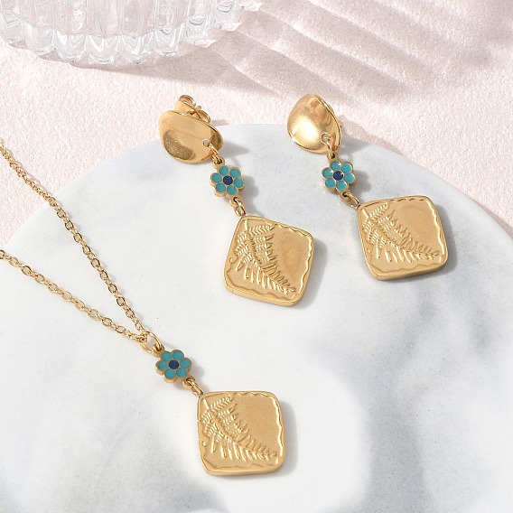 Rhombus 304 Stainless Steel Enamel Flower Pendant Necklaces & Stud Earrings Sets, Ion Plating(IP)