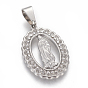 304 Stainless Steel Rhinestone Pendants, Lady of Guadalupe Charms, Oval with Virgin Mary