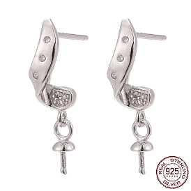 925 Sterling Silver Micro Pave Cubic Zirconia Stud Earring Findings, For Half Drilled Beads