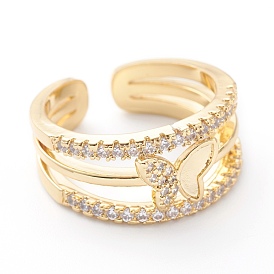 Brass Micro Pave Clear Cubic Zirconia Cuff Rings, Open Rings, Long-Lasting Plated, Butterfly