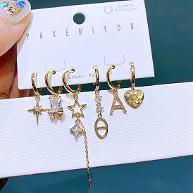 Chic Minimalist European Style Earring Set with Star and Heart Shaped Cubic Zirconia Stones