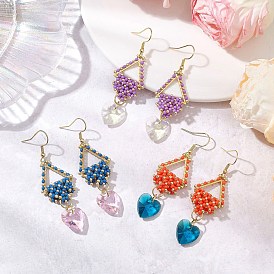 Glass Seed Beaded Dangle Earrings, Loom Patterns, with 304 Stainless Steel Findings, Triangle with Heart, Golden