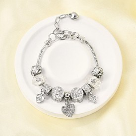 Сплав европейские бусины браслеты с подвесками, браслеты из змеиной цепи для женщин, сердце, смолой и горный хрусталь, без свинца и без кадмия