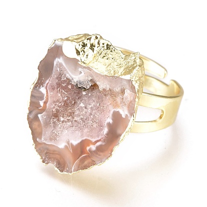 Adjustable Natural Druzy Agate Finger Rings, with Brass Findings