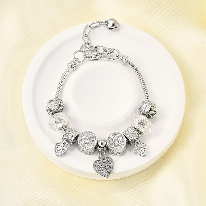 Сплав европейские бусины браслеты с подвесками, браслеты из змеиной цепи для женщин, сердце, смолой и горный хрусталь, без свинца и без кадмия