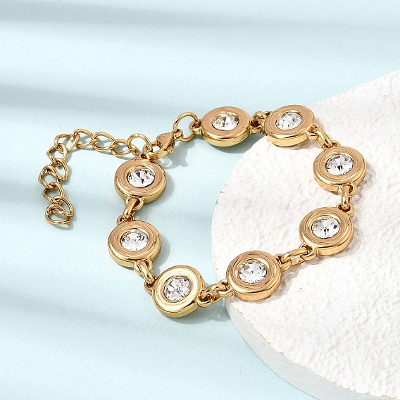 304 Stainless Steel Crystal Rhinestone Flat Round Link Chain Bracelets, Ion Plating(IP)