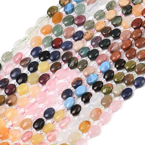 Cmешанные драгоценный камень бисер нитей, Плоско-овальные, с бисером