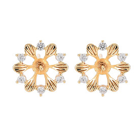 Boucles d'oreilles en laiton micro pavé de zircon cubique transparent, pour la moitié de perles percées, sans nickel, fleur