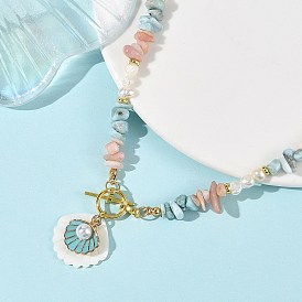 Collares con colgantes en forma de concha natural tallada y esmalte de aleación, Collares con cuentas de perlas naturales, larimar y morganita, con cierres de OT.