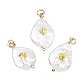 Барочные подвески из натурального жемчуга кеши, Подвески в форме капли с фрагментом металлической раковины, белые