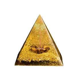 Orgonite Pyramid Resin Display Decorations, with Natural Peridot, Tiger Eye Chips, Gold Foil and Copper Wires Inside, for Home Office Desk Decorations