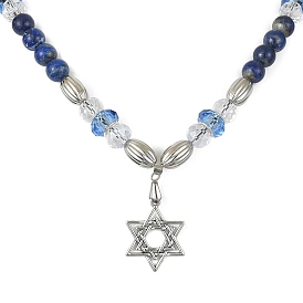 Alloy Star of David Pendant Necklace, Natural Lapis Lazuli & Glass Beaded Chains Necklace