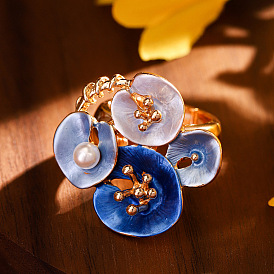 Кольца из цинкового сплава, эмали и искусственного жемчуга для женщин, цветок