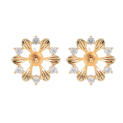 Boucles d'oreilles en laiton micro pavé de zircon cubique transparent, pour la moitié de perles percées, sans nickel, fleur