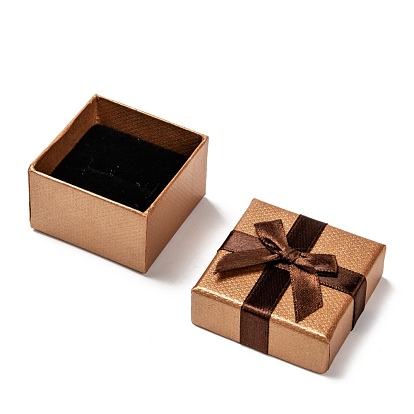 Cardboard Ring Boxes, with Bowknot, Square, Saddle Brown, 50x50x30mm