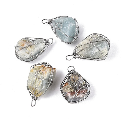 Pendentifs en amazonite brute naturelle, pépites charmes, avec fil de fer de ton platine enveloppé
