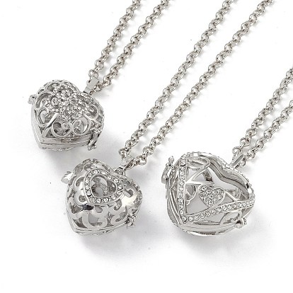 Brass with Rhinestone Pendant Necklaces, Iron Rolo Chains, Heart