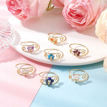 7шт. медная проволока, обернутая драгоценными камнями, ограненные круглые бусины, кольца для женщин