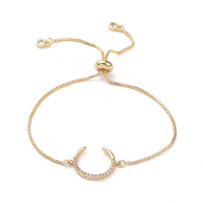 Adjustable Brass Micro Pave Cubic Zirconia Slider Bracelets, Bolo Bracelets, with Cardboard Box, Moon