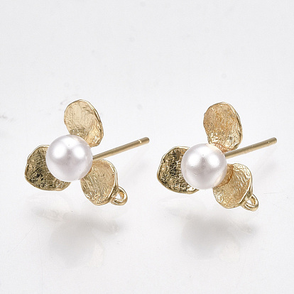 Brass Stud Earring Findings, with Loop, ABS Plastic Imitation Pearl, Flower, Real 18K Gold Plated