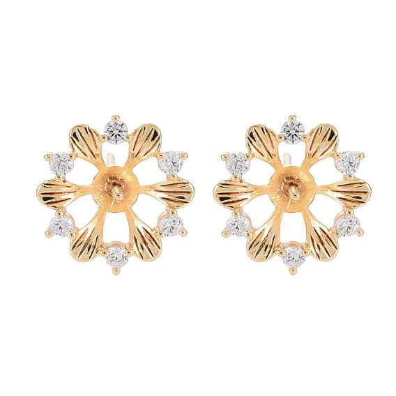Brass Micro Pave Clear Cubic Zirconia Stud Earring Findings, for Half Drilled Beads, Nickel Free, Flower