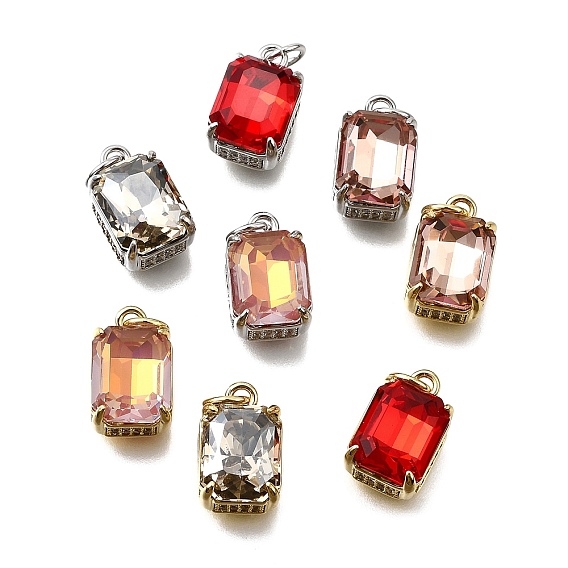 Латунь стекло амулеты, прямоугольник амулеты, с петлей для прыжковых колец, без свинца и без кадмия, стойки покрытие, прочное покрытие, граненые