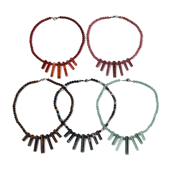 Collares babero redondos de cuentas de piedra natural en forma de abanico, con cierres de acero inoxidable, color acero inoxidable