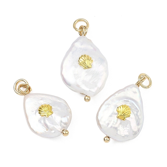 Барочные подвески из натурального жемчуга кеши, Подвески в форме капли с фрагментом металлической раковины, белые