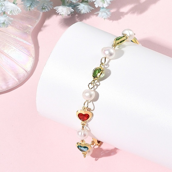 Natural Cultured Freshwater Pearl & Brass Glass Link Chains Bracelets for Women, Heart