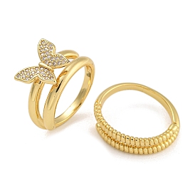 2Pcs 2 Styles Brass Micro Pave Cubic Zirconia Adjustable Rings for Women, Butterfly/Double Layer