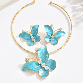 Комплекты из ожерелий и серег-гвоздиков из сплава эмали и хрустальных страз, золотые, бабочка