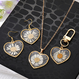 Fashionable Daisy Dried Flower Necklace Heart Drop Glue Keychain Earrings - Floral Jewelry