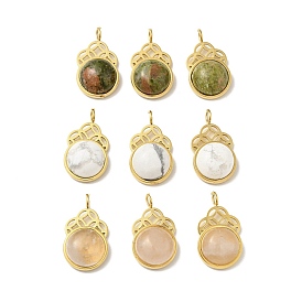 Coins Natural Gemstone Pendants, with Ion Plating(IP) Golden Tone 304 Stainless Steel Findings, Half Round Charm