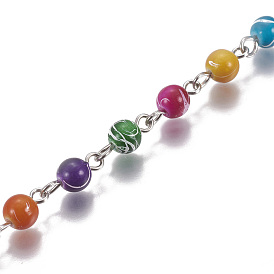 Handmade Spray Painted Drawbench Acrylic Round Beaded Chains, Unwelded, with Iron Needle, Platinum