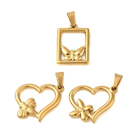 Ion Plating(IP) 304 Stainless Steel Pendants, Golden, Heart/Rectangle with Butterfly Charm
