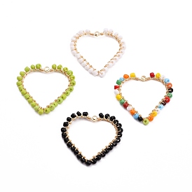 Handmade Glass Seed Beads Woven Pendants, Wire Wrapped Pendants, with Golden Tone Brass Open Back Bezel, Heart
