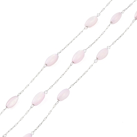 304 Stainless Steel & Dyed Shell Handmade Oval Beads Chain, Soldered, with Spool, Stainless Steel Color