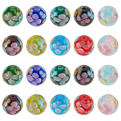 20Pcs 10 Colors Lampwork Beads, Round with Plum Flower Pattern, with Hole