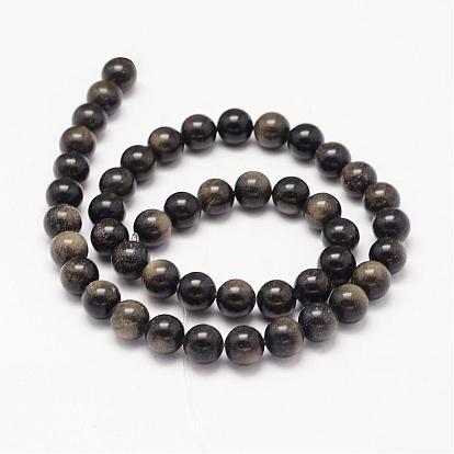 Natural Golden Sheen Obsidian Beads Strands, Round, 8mm, Hole: 1mm, about 50pcs/strand, 15.75 inch