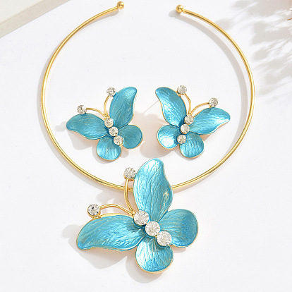 Комплекты из ожерелий и серег-гвоздиков из сплава эмали и хрустальных страз, золотые, бабочка