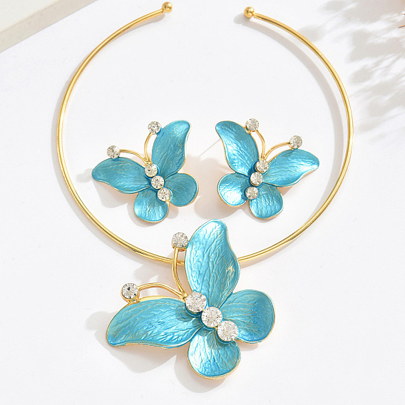 Комплекты из ожерелий и серег-гвоздиков из сплава эмали и хрустальных страз, золотые, бабочка