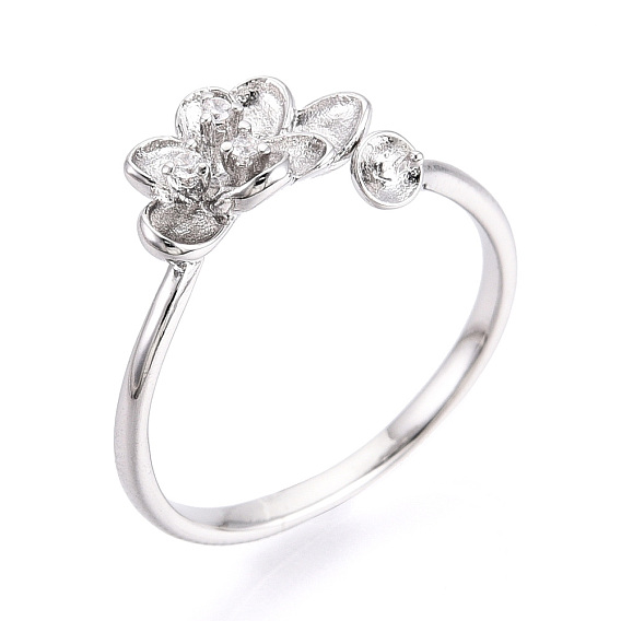 Оправы для колец-манжет из цветочной латуни с микропаве из прозрачного кубического циркония, за половину пробурено бисера