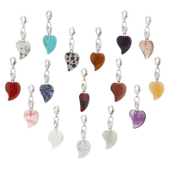 16 шт. подвесные украшения в форме сердца из натуральных и синтетических камней, Сплав с застежками когтя омара