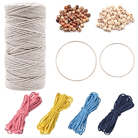 DIY Woven Macrame Wall Hanging Making Sets, including Cotton Threads, Metal Ring and Wooden Beads