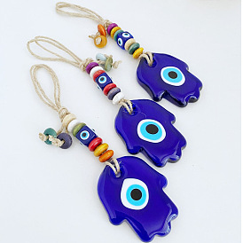 Handmade Blue Hamsa Hand with Evil Eye Glass Pendant Decorations, Jute Cord Wall Hanging Ornaments