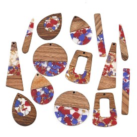 Walnut Wood & Transparent Resin & Gold Foil Pendants, Mixed Shapes Charm